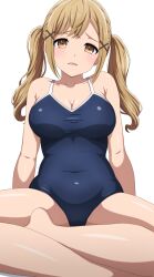 Rule 34 | 1girl, absurdres, armpit crease, arms at sides, bang dream!, bare shoulders, blonde hair, blue one-piece swimsuit, breasts, brown eyes, cleavage, collarbone, commentary request, covered navel, crossed bangs, foot out of frame, hair ornament, highres, ichigaya arisa, indian style, large breasts, light blush, long hair, looking at viewer, noshimurin, one-piece swimsuit, parted lips, raised eyebrows, school swimsuit, simple background, sitting, solo, sweat, swimsuit, twintails, white background, x hair ornament