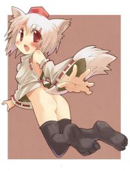 Rule 34 | 1girl, animal ears, ass, bad id, bad pixiv id, black thighhighs, bottomless, detached sleeves, feet, female focus, foreshortening, hat, inubashiri momiji, red eyes, short hair, soles, solo, tail, thighhighs, tokin hat, touhou, tsudero, white hair, wolf ears, wolf tail