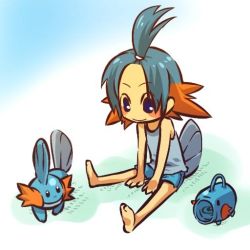 Rule 34 | 00s, androgynous, bare shoulders, barefoot, blue eyes, blue hair, blush stickers, child, creatures (company), forehead, game freak, gen 3 pokemon, gender request, hitec, incense, kayari buta, matching hair/eyes, moemon, mosquito coil, mudkip, multicolored hair, nintendo, orange hair, personification, pokemon, pokemon (creature), pokemon rse, ponytail, shorts, sitting, smile, spread legs, tail, tank top, themed object, two-tone hair