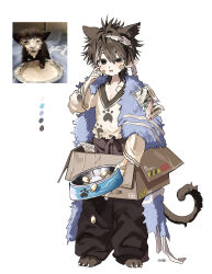 Rule 34 | 1boy, absurdres, animal ears, animal hands, baggy pants, bandaid, bandaid on face, bandaid on hand, barefoot, blue cloak, bowl, box, brown eyes, brown pants, cardboard box, cat boy, cat ears, cat feet, cat paws, cat tail, cloak, coin, extra ears, grey shirt, highres, messy hair, ohw8g, original, oversized clothes, pants, pet bowl, pointy ears, shirt, sleepy, tail, white background
