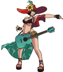 Rule 34 | 1girl, adapted costume, black hair, flower, full body, green-tinted eyewear, green-tinted glasses, guilty gear, guilty gear strive, hat, i-no, looking at viewer, midriff, nail polish, navel, phamoz, red headwear, short hair, sunflower, sunglasses, tinted eyewear, very short hair, witch hat