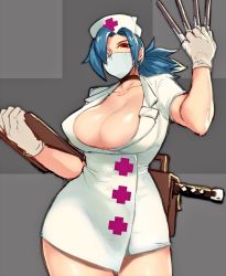 Rule 34 | 1girl, blue hair, breasts, cleavage, clipboard, eyepatch, gloves, hat, highres, large breasts, looking at viewer, mouth mask, nurse cap, red eyes, scalpel, skullgirls, solo, surgical mask, symbol-shaped pupils, valentine (skullgirls)