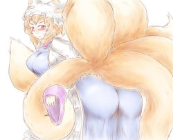 Rule 34 | 1girl, animal hat, ass, back, bent over, blonde hair, blush, breasts, dress, female focus, fox tail, frilled dress, frills, from behind, frown, hat, large breasts, long sleeves, looking back, mob cap, multiple tails, raised eyebrows, red eyes, short hair, simple background, solo, sweatdrop, ta gero, tabard, tail, tassel, touhou, white background, yakumo ran