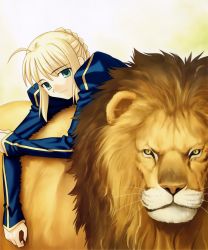 Rule 34 | 1girl, absurdres, ahoge, artoria pendragon (all), artoria pendragon (fate), blonde hair, artistic error, fate/stay night, fate (series), female focus, gradient background, green eyes, highres, lion, saber (fate), solo, takeuchi takashi, type-moon, yellow background