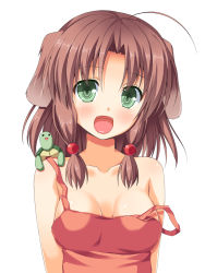Rule 34 | 1girl, :d, ahoge, animal ears, asa no ha (awayuki), blush, brown hair, collarbone, dog ears, fang, green eyes, hair bobbles, hair ornament, off shoulder, open mouth, original, simple background, smile, solo, turtle, upper body, white background
