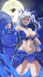 Rule 34 | 1girl, abs, absurdres, areola slip, armor, black clover, breasts, breasts out, choker, crown, curvy, dragon girl, dragon horns, dragon wings, gauntlets, gloves, grey hair, highres, holding, holding weapon, horns, lance, large breasts, long hair, looking at viewer, midriff, miniskirt, monkey d. luffy, moon, navel, night, no bra, no panties, noelle silva, one piece, polearm, purple eyes, skirt, stomach, the amazing gambit, thick thighs, thighs, twintails, water, weapon, wide hips, wings
