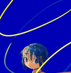 Rule 34 | 1girl, absurdres, bad id, bad twitter id, blue background, blue eyes, blue hair, blue theme, expressionless, fortissimo, hair ornament, highres, looking at viewer, magical girl, mahou shoujo madoka magica, mahou shoujo madoka magica (anime), mahou shoujo madoka magica movie 1 &amp; 2, mihifu, miki sayaka, musical note, musical note hair ornament, ribbon, shadow, short hair, simple background, solo, yellow ribbon