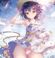 Rule 34 | 1girl, arm up, armpits, bare arms, black hair, blue dress, blurry, bow, bow panties, brown eyes, clothes lift, collarbone, commentary request, depth of field, dress, dress lift, floral print, flower, gluteal fold, hair between eyes, hair ornament, hair ribbon, hanahanamaki, hat, long hair, looking at viewer, outdoors, panties, petals, print dress, ribbon, solo, sousouman, standing, straw hat, striped clothes, striped panties, twinbox school, underwear, x hair ornament