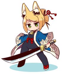 Rule 34 | 1girl, 7th dragon, 7th dragon (series), animal ear fluff, animal ears, bell, black bodysuit, blonde hair, blush, bodysuit, closed mouth, commentary request, covered navel, folded ponytail, fox ears, full body, green eyes, hair ornament, haori, head tilt, holding, holding sword, holding weapon, japanese clothes, jingle bell, katana, long sleeves, naga u, namuna (7th dragon), red footwear, samurai (7th dragon), samurai (7th dragon), shadow, shoes, sidelocks, solo, standing, sword, v-shaped eyebrows, weapon, white background, wide sleeves