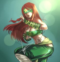 Rule 34 | 1girl, bare shoulders, blindfold, braid, breasts, cleavage, cosplay, dated, female focus, fighting stance, hannah santos, highres, hong meiling, large breasts, league of legends, lee sin, lee sin (cosplay), long hair, midriff, navel, pants, red hair, signature, solo, star (symbol), strapless, tattoo, touhou, tube top, twin braids, vambraces