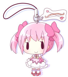 Rule 34 | 10s, 1girl, arrow (projectile), bow (weapon), cellphone charm, cellphone strap, character charm, character doll, charm (object), chibi, doll, hair ribbon, kaname madoka, mahou shoujo madoka magica, mahou shoujo madoka magica (anime), mirai (sugar), pink hair, ribbon, shadow, short hair, simple background, smile, solo, twintails, weapon