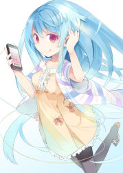Rule 34 | 1girl, :q, black pantyhose, blue hair, cellphone, dress, haruse hiroki, headphones, iphone, jacket, long hair, looking at viewer, original, pantyhose, phone, red eyes, sandals, simple background, smartphone, smile, solo, tongue, tongue out