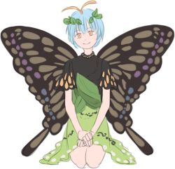Rule 34 | 1girl, antennae, blue hair, butterfly wings, dress, eternity larva, green dress, hair between eyes, hair ornament, hand on hand, insect wings, kneeling, leaf hair ornament, mefomefo, short hair, short sleeves, simple background, smile, solo, touhou, white background, wings, yellow eyes