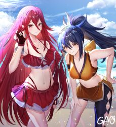 Rule 34 | 2girls, alternate costume, artist name, bikini, black gloves, black hair, blue sky, braid, breasts, brown eyes, cleavage, closed mouth, cloud, commentary request, commission, cordelia (fire emblem), cordelia (summer) (fire emblem), crown braid, day, fingerless gloves, fire emblem, fire emblem awakening, fire emblem fates, fire emblem heroes, gao kawa, gloves, hair between eyes, hair ornament, hand on own hip, highres, long hair, medium breasts, multiple girls, navel, nintendo, oboro (fire emblem), official alternate costume, outdoors, ponytail, red bikini, red eyes, red hair, sand, skeb commission, sky, small breasts, smile, stomach, swimsuit, very long hair, wing hair ornament, yellow bikini