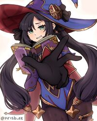 Rule 34 | 1girl, black hair, blue eyes, blush, genshin impact, hair over one eye, hat, highres, krisbee, long hair, looking at viewer, mona (genshin impact), pantyhose, smile, solo, star (symbol), thighs, white background, witch hat