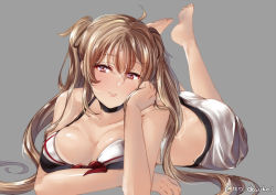 Rule 34 | 1girl, adapted costume, ahoge, bad id, bad pixiv id, bikini, black bikini, black ribbon, blush, breasts, brown eyes, cleavage, closed mouth, collarbone, feet up, grey background, hair ribbon, hand on own cheek, hand on own face, juurouta, kantai collection, large breasts, light brown hair, looking at viewer, lying, murasame (kancolle), on stomach, ribbon, sarong, simple background, smile, solo, swimsuit, the pose, twintails, twitter username