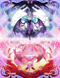 1boy 2girls darkstalkers demon_wings full_moon green_hair head_wings highres jedah_dohma leotard lilith_(darkstalkers) monster_boy moon morrigan_aensland multiple_girls nicbolt99 purple_hair strapless strapless_leotard upside-down wings