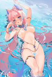 Rule 34 | 1girl, arm up, armlet, bikini, blue eyes, blue hair, blush, bow-shaped hair, breasts, colored tips, covered erect nipples, doyouknowww, genshin impact, halterneck, hand up, highres, long hair, medium breasts, multicolored hair, navel, partially submerged, pelvic curtain, pink eyes, pink hair, sangonomiya kokomi, see-through swimsuit, slingshot swimsuit, solo, stomach, swimsuit, thigh strap, water, white bikini, wristband