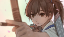 Rule 34 | 10s, 1girl, archery, arrow (projectile), blurry, bow (weapon), brown eyes, brown hair, depth of field, drawing bow, gloves, holding bow (weapon), japanese clothes, kaga (kancolle), kantai collection, kyuudou, long hair, looking at viewer, partially fingerless gloves, partly fingerless gloves, personification, ponytail, single glove, solo, tasuki, weapon, xiao qiang (overseas), yugake