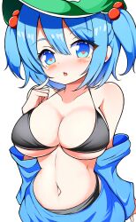 Rule 34 | 1girl, bare shoulders, bikini, black bikini, blue eyes, blush, breasts, cleavage, collarbone, commentary request, green hat, gyuta, hair bobbles, hair ornament, hat, heart, heart-shaped pupils, highres, kawashiro nitori, large breasts, looking at viewer, navel, open mouth, simple background, solo, swimsuit, symbol-shaped pupils, touhou, two side up, upper body, white background