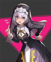 Rule 34 | 1girl, bent over, blue eyes, cross, dress, grey background, habit, hand on own hip, honkai (series), honkai impact 3rd, long hair, long sleeves, nun, open mouth, pointing, puffy sleeves, shaded face, silver hair, sl86, solo, theresa apocalypse, theresa apocalypse (valkyrie pledge)