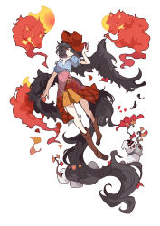 Rule 34 | 1girl, animal, animal ears, arm up, autumn leaves, bare shoulders, black hair, blue dress, boots, branch, breasts, brown dress, brown footwear, brown headwear, closed mouth, cowboy hat, dress, fire, flying, hair between eyes, hand on headwear, hand up, hat, horse tail, ideolo, kurokoma saki, leaf, looking to the side, medium breasts, multicolored clothes, multicolored dress, off-shoulder dress, off shoulder, orange dress, pink dress, plaid, plaid dress, puffy short sleeves, puffy sleeves, red eyes, scarf, short hair, short sleeves, simple background, smile, spirit, tail, touhou, white background, white scarf, wings, wolf ears, wolf spirit (touhou)