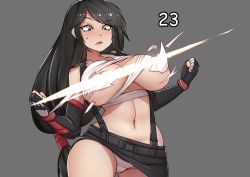 Rule 34 | 1girl, bare shoulders, belt, black belt, black eyes, black gloves, black hair, black skirt, blush, breasts, clenched hand, comic sans, commentary, cowboy shot, crop top, damage numbers, elbow gloves, final fantasy, final fantasy vii, fingerless gloves, gloves, grey background, hands up, highres, large breasts, long hair, looking down, low-tied long hair, midriff, miniskirt, mochi (chain csn), navel, nose blush, open mouth, panties, pantyshot, pencil skirt, shirt, sidelocks, simple background, skirt, slashing, sleeveless, sleeveless shirt, solo, standing, stomach, suspender skirt, suspenders, sweat, swept bangs, tifa lockhart, torn clothes, torn shirt, underwear, very long hair, white panties, white shirt
