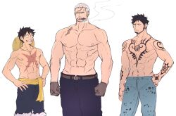Rule 34 | 3boys, abs, arms at sides, bara, cowboy shot, denim, facial hair, highres, jeans, large pectorals, looking at another, love triangle, male focus, mature male, medium sideburns, monkey d. luffy, multiple boys, muscular, muscular male, navel, nipples, one piece, pants, pectorals, scar, scar on face, scar on forehead, short hair, sideburns stubble, smoker (one piece), sparse stubble, standing, stitches, stubble, toned, toned male, trafalgar law, tsurime, white hair, yamakazi47, yaoi