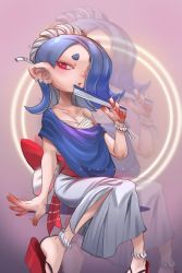 Rule 34 | 1girl, blue hair, bow, collarbone, dress, earrings, eeveebooyah, hair over one eye, hand fan, highres, jewelry, nintendo, octoling player character, paper fan, parted lips, red eyes, sandals, sarashi, shiver (splatoon), sitting, solo, splatoon (series), splatoon 3, tentacle hair, triangle mouth