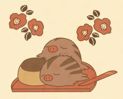 Rule 34 | animal focus, check food, closed eyes, creatures (company), flower, food, food request, full body, game freak, gen 2 pokemon, nintendo, no humans, nostrils, plum blossoms, pokemon, pokemon (creature), pudding, red flower, satsumapotato, simple background, swinub, tray