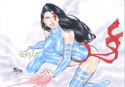 Rule 34 | 10s, 1girl, angry, black hair, breasts, clenched hand, clenched teeth, fingernails, fred benes, frown, highres, leotard, marvel, mutant, psylocke, slashing, squatting, teeth, thighhighs, waist cape, white background, x-men