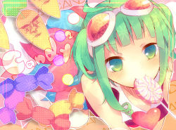 Rule 34 | 1girl, bad id, bad pixiv id, candy, candy candy (song), carrot, food, goggles, goggles on head, green eyes, green hair, gumi, heart, lollipop, looking at viewer, looking up, matching hair/eyes, mouth hold, red-tinted eyewear, shimotsuki eri, short hair, smile, solo, tinted eyewear, vocaloid