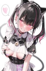 Rule 34 | 1girl, absurdres, animal ears, bandaid, bandaids on nipples, belt, black hair, blush, breasts, cat ears, ear piercing, earrings, green tea (greente42869067), grin, heart, highres, indie virtual youtuber, jewelry, looking at viewer, medium breasts, multicolored hair, pasties, piercing, pink eyes, pink hair, rikotan (vtuber), simple background, smile, solo, spoken heart, sweatdrop, tail, twintails, two-tone hair, virtual youtuber, white background