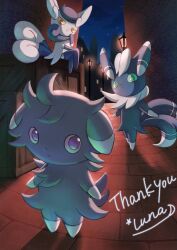 Rule 34 | 1boy, 1girl, 1other, absurdres, closed mouth, commission, creatures (company), espurr, evolutionary line, game freak, gen 6 pokemon, highres, lamppost, looking at viewer, luna mokamoka, meowstic, meowstic (female), meowstic (male), night, nintendo, no humans, outdoors, pokemon, pokemon (creature), purple eyes, skeb commission, sky, standing, star (sky), thank you