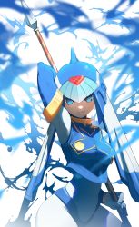Rule 34 | 1girl, absurdres, android, arm up, armpits, blue eyes, breasts, gloves, helmet, highres, fairy leviathan (mega man), mega man (series), mega man zero (series), polearm, skin tight, spear, tanziya (codlxcold), weapon