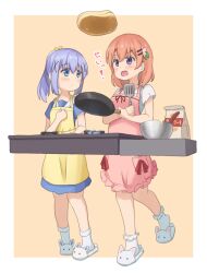 Rule 34 | 2girls, animal slippers, apron, blue dress, blue eyes, blue hair, blush, bobby socks, border, bunny slippers, closed mouth, collared dress, collared shirt, commentary request, cooking, dress, flour, food, frilled apron, frilled socks, frills, frying pan, full body, gochuumon wa usagi desu ka?, hair between eyes, hair ornament, hairclip, highres, holding, holding frying pan, holding spatula, hoto cocoa, kafuu chino, light blue hair, long hair, looking at another, mixing bowl, mohei, multiple girls, open mouth, orange hair, pancake, pink apron, ponytail, purple eyes, red ribbon, ribbon, shirt, short hair, short sleeves, sidelocks, simple background, slippers, socks, spatula, standing, standing on one leg, stove, white border, white footwear, white shirt, white socks, x hair ornament, yellow apron, yellow background
