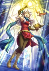 Rule 34 | 1girl, :o, adricarra, arm up, armpits, artist name, bangle, bare shoulders, bird, black gloves, black leggings, blue scarf, book, bracelet, breasts, commentary request, dress, elbow gloves, fingerless gloves, fire emblem, fire emblem: radiant dawn, gloves, grey hair, hair ribbon, half updo, highres, holding, holding book, indoors, jewelry, leggings, light particles, light rays, long hair, micaiah (fire emblem), nintendo, open book, open mouth, pantyhose, ribbon, scarf, side slit, sideboob, sleeveless, sleeveless dress, smile, solo, sunlight, window, yellow eyes, yune (fire emblem)