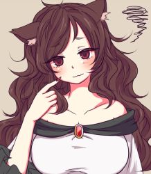 Rule 34 | 1girl, animal ears, bianco (mapolo), breasts, brooch, brown hair, collarbone, curly hair, dress, eyelashes, finger to face, fingernails, frilled sleeves, frills, imaizumi kagerou, jewelry, large breasts, long fingernails, long hair, looking at viewer, nail polish, off shoulder, red eyes, solo, solo focus, touhou, wavy mouth, white dress, wolf ears, worried
