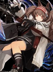 Rule 34 | 1girl, angelina (arknights), animal ears, arknights, black background, black footwear, black jacket, black shirt, black shorts, black socks, brown hair, earpiece, fox ears, hair between eyes, hairband, highres, holding, holding staff, jacket, long hair, looking at viewer, open clothes, open jacket, originium arts (arknights), orrdriver, red eyes, red hairband, red sweater, shirt, shoes, shorts, socks, solo, staff, sweater, twintails, white jacket