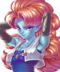 Rule 34 | 1girl, absurdres, adjusting hair, armpits, blue eyes, blue skin, breasts, cleavage, colored skin, curly hair, dragon ball, dragonball z, elbow gloves, gloves, highres, jewelry, long hair, necklace, orange hair, pointy ears, solo, upper body, vest, yosui, zangya
