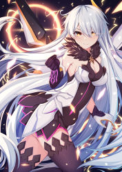 Rule 34 | 1girl, absurdres, antenna hair, asymmetrical gloves, bare shoulders, black thighhighs, breasts, cleavage, closed mouth, gloves, glowing, glowing eyes, hair between eyes, highres, honkai (series), honkai impact 3rd, kiana kaslana, kiana kaslana (herrscher of the void), long hair, looking at viewer, mismatched gloves, qunqing, smile, solo, thighhighs, third-party source, uneven gloves, white hair, yellow eyes