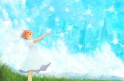 Rule 34 | 1girl, blue sky, brown eyes, city, cloud, cloudy sky, commentary request, day, dress, fairy, field, grass, highres, horizon, look (yomiya1234), mountain, orange hair, original, outdoors, outstretched arms, parted lips, sakimori (hououbds), scenery, short hair, short sleeves, sky, smile, white dress