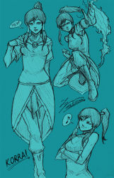 Rule 34 | 1girl, avatar: the last airbender, avatar legends, character name, crossed arms, dated, fighting stance, fire, hatching (texture), korra, monochrome, multiple views, musical note, ponytail, quaver, signature, simple background, sketch, spoken musical note, the legend of korra, tryvor, twintails