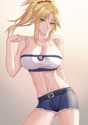 Rule 34 | 1girl, absurdres, alternate breast size, bandeau, bare shoulders, belt, blonde hair, blue shorts, braid, breasts, cleavage, collarbone, cutoffs, denim, denim shorts, fate/apocrypha, fate/grand order, fate (series), freed turing, french braid, green eyes, highres, large breasts, long hair, looking at viewer, mordred (fate), mordred (fate/apocrypha), mordred (memories at trifas) (fate), navel, parted bangs, ponytail, short shorts, shorts, sidelocks, smile, solo, thighs