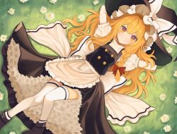 Rule 34 | 1girl, apron, arm behind head, back bow, black footwear, black hat, black skirt, black vest, blonde hair, blush, bow, braid, chinese commentary, closed mouth, commentary, daisy, flower, from above, full body, grass, haibajiya, hair bow, hat, hat bow, highres, kirisame marisa, long hair, looking at viewer, lying, on back, petticoat, puffy short sleeves, puffy sleeves, red bow, shirt, shoes, short sleeves, single braid, skirt, skirt set, smile, solo, split mouth, thighhighs, touhou, vest, waist apron, white apron, white bow, white flower, white shirt, white thighhighs, witch hat, yellow eyes