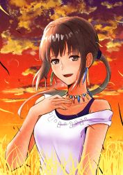 Rule 34 | 1girl, :d, bare arms, brown eyes, brown hair, character request, cloud, collarbone, floating hair, gradient sky, hair intakes, highres, kaijin-m, long hair, off shoulder, open mouth, orange sky, outdoors, shirt, sky, sleeveless, sleeveless shirt, smile, solo, sunset, wheat field, white shirt