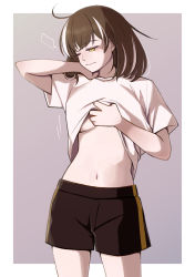 Rule 34 | 1girl, ahoge, alternate costume, arknights, arm up, black shorts, blouse, border, breasts, brown background, brown hair, closed mouth, clothes lift, cowboy shot, half-closed eye, highres, lifting own clothes, looking away, looking down, looking to the side, magallan (arknights), multicolored hair, navel, nekomdr, no bra, one eye closed, outside border, shirt, shirt lift, short hair, short sleeves, shorts, simple background, small breasts, solo, stomach, streaked hair, two-tone hair, underboob, white border, white hair, white shirt, yellow eyes