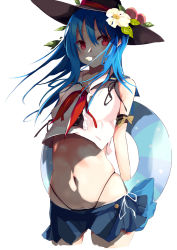 Rule 34 | 1girl, arms behind back, black panties, blue hair, closed mouth, crop top, cropped legs, flower, food, fruit, hat, hat flower, highleg, highleg panties, hinanawi tenshi, innertube, long hair, mouth hold, navel, panties, peach, red eyes, simple background, skindentation, smile, solo, swim ring, tetsurou (fe+), thong, touhou, underwear, whale tail (clothing), white background