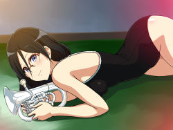 Rule 34 | 10s, 1girl, ass, bare arms, bare legs, bare shoulders, black hair, black one-piece swimsuit, blue eyes, blush, breasts, glasses, hibike! euphonium, highres, holding, holding instrument, indoors, instrument, large breasts, legs, long hair, looking at viewer, lying, on side, one-piece swimsuit, red-framed eyewear, sleeveless, smile, solo, swimsuit, tanaka asuka, thighs, yuki (12cut)