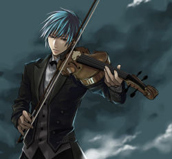 Rule 34 | 1boy, bad id, bad pixiv id, black eyes, blue hair, clothes, formal, instrument, kaito (vocaloid), male focus, nama (f14a), night, short hair, sky, solo, suit, violin, vocaloid